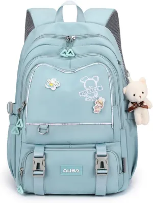 Fashion Backpack with 1pc Cartoon Bear Accessory Cute Big Capacity Lightweight 3 Compartments Laptop Travel Versatile (Blue)