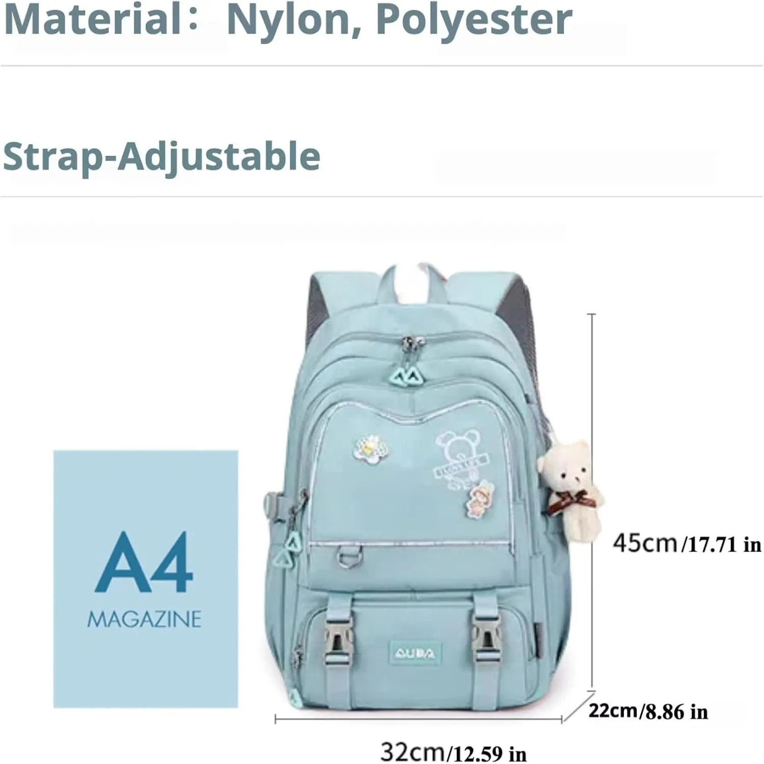 Fashion Backpack with 1pc Cartoon Bear Accessory Cute Big Capacity Lightweight 3 Compartments Laptop Travel Versatile (Blue)