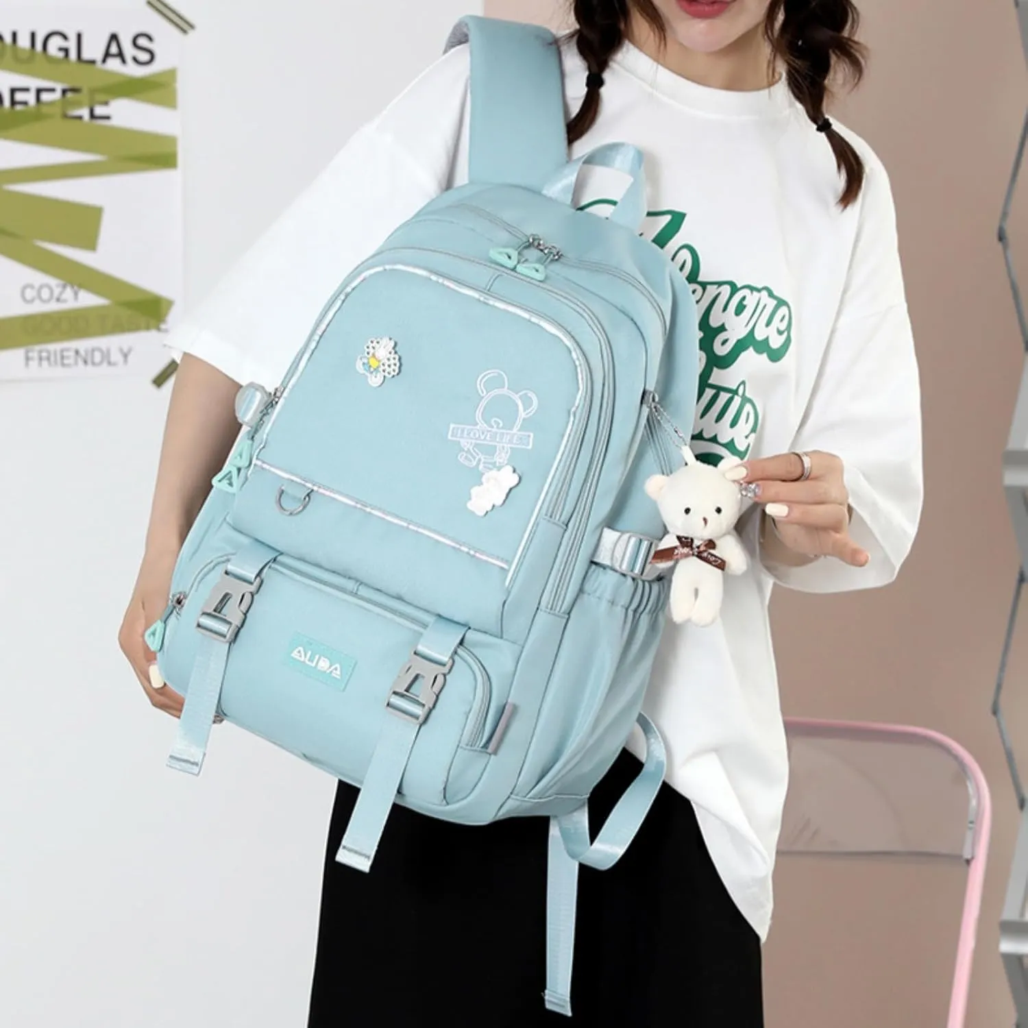 Fashion Backpack with 1pc Cartoon Bear Accessory Cute Big Capacity Lightweight 3 Compartments Laptop Travel Versatile (Blue)