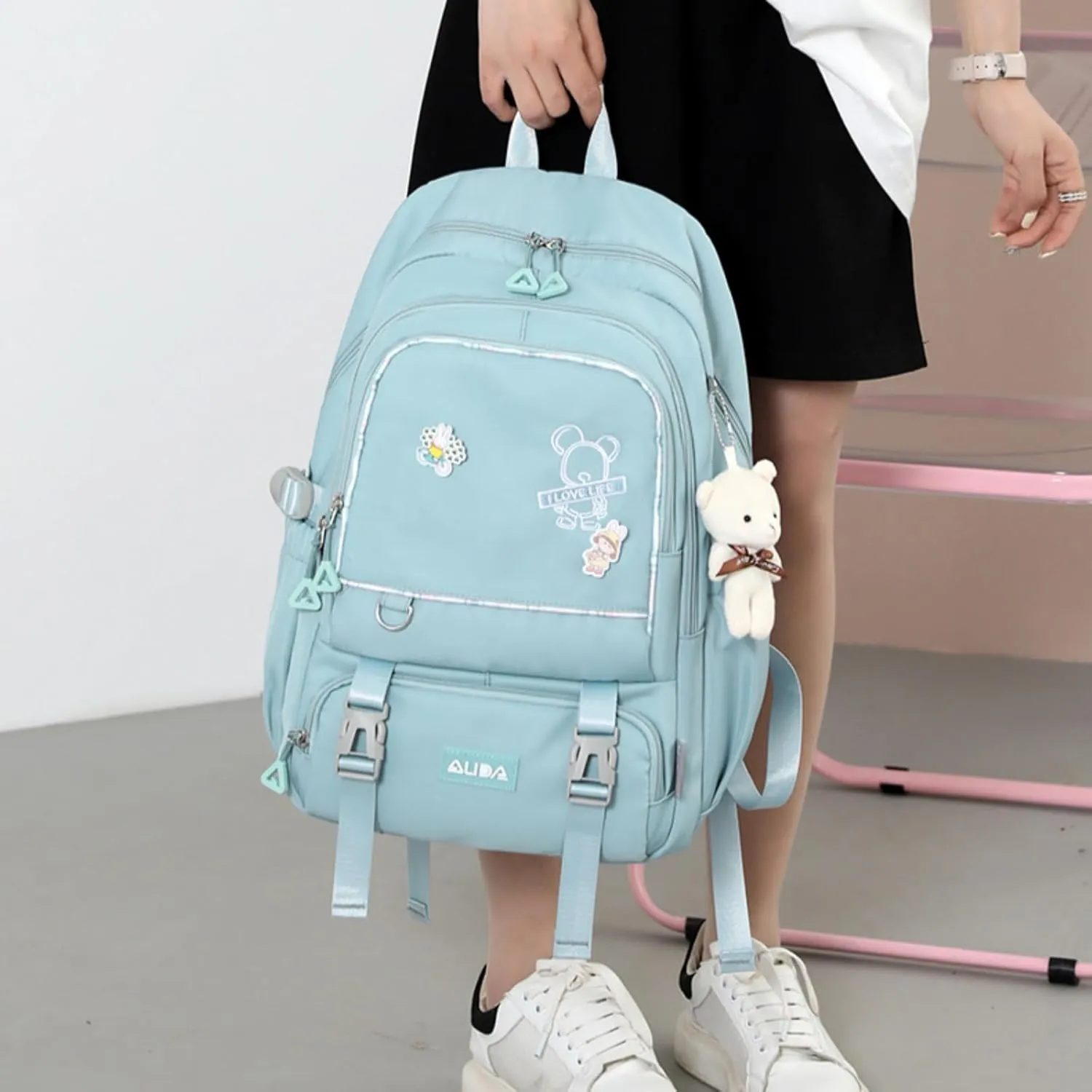 Fashion Backpack with 1pc Cartoon Bear Accessory Cute Big Capacity Lightweight 3 Compartments Laptop Travel Versatile (Blue)
