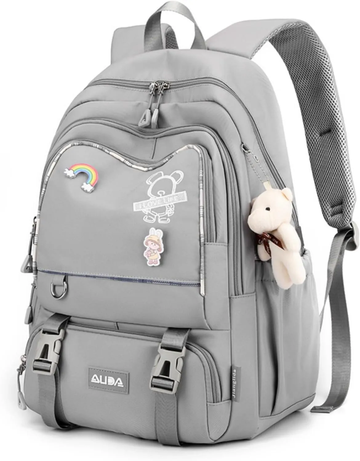 Fashion Backpack with 1pc Cartoon Bear Accessory Cute Big Capacity Lightweight 3 Compartments Laptop Travel Versatile (Grey)