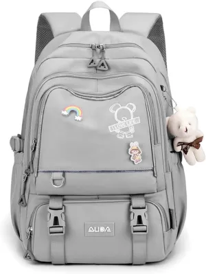 Fashion Backpack with 1pc Cartoon Bear Accessory Cute Big Capacity Lightweight 3 Compartments Laptop Travel Versatile (Grey)