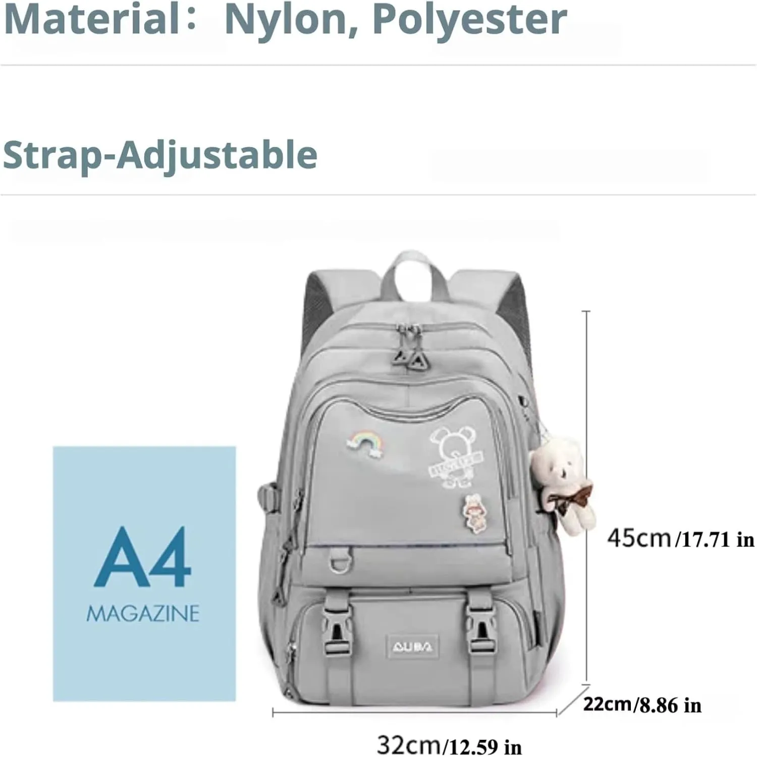 Fashion Backpack with 1pc Cartoon Bear Accessory Cute Big Capacity Lightweight 3 Compartments Laptop Travel Versatile (Grey)