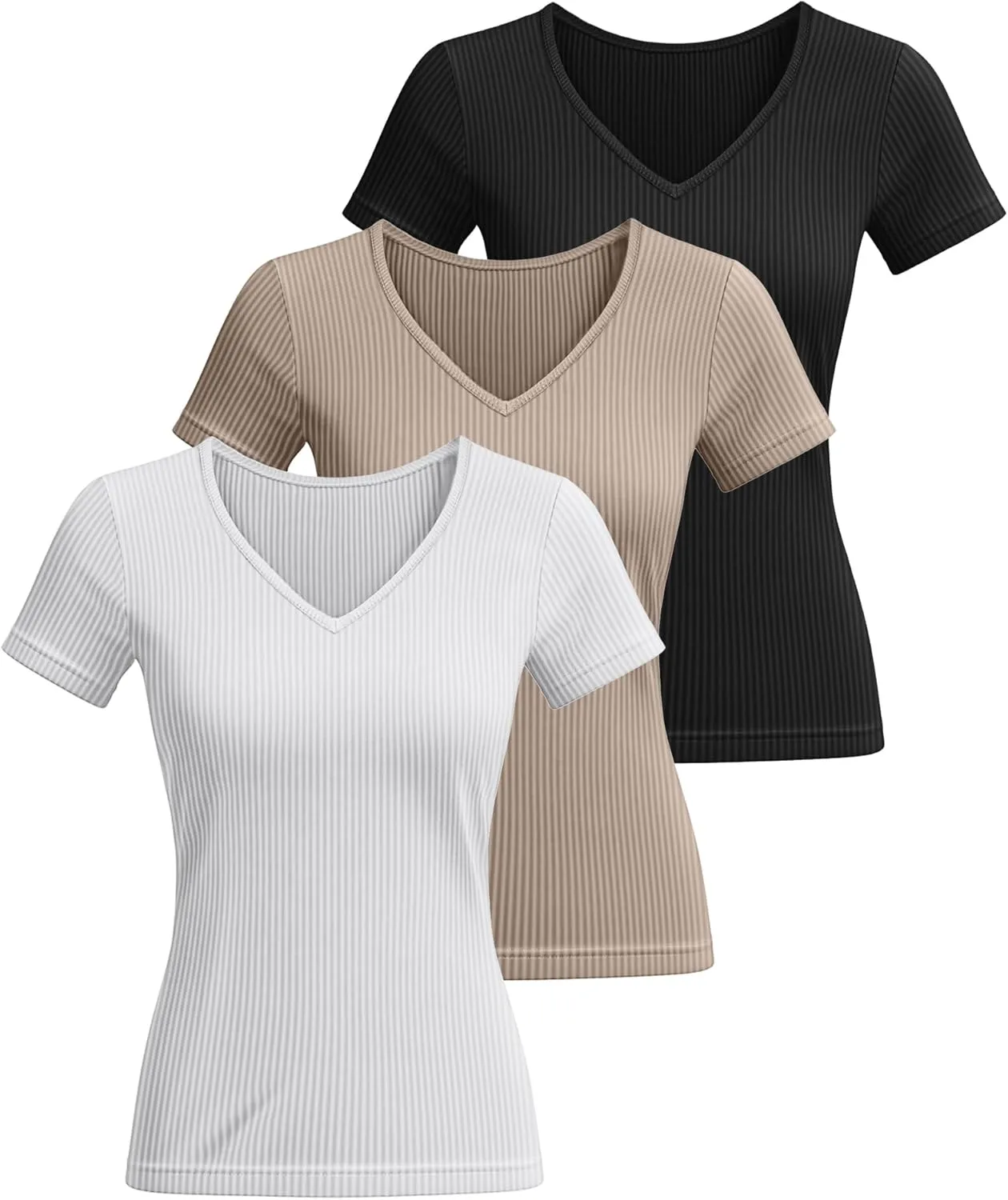 Ficerd 3 Pack Women's Short Sleeve Cotton T-Shirts V Neck Ribbed Slim Fit Tops Ladies' Casual Summer Basic Tee