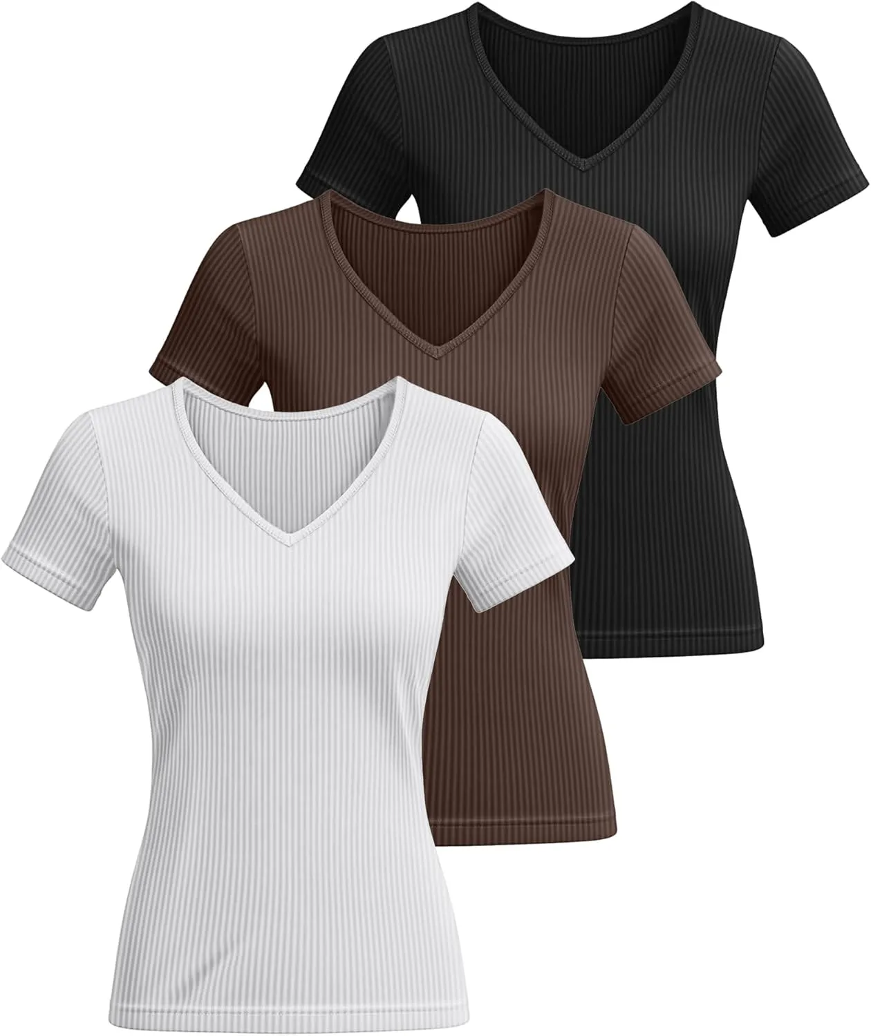 Ficerd 3 Pack Women's Short Sleeve Cotton T-Shirts V Neck Ribbed Slim Fit Tops Ladies' Casual Summer Basic Tee