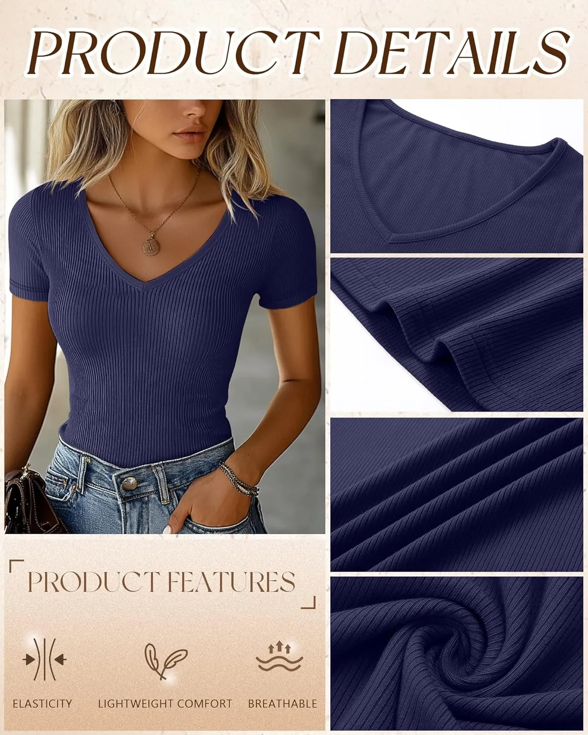 Ficerd 3 Pack Women's Short Sleeve Cotton T-Shirts V Neck Ribbed Slim Fit Tops Ladies' Casual Summer Basic Tee