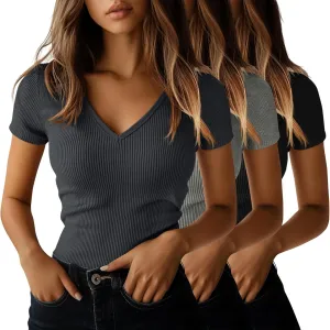 Ficerd 3 Pack Women's Short Sleeve Cotton T-Shirts V Neck Ribbed Slim Fit Tops Ladies' Casual Summer Basic Tee