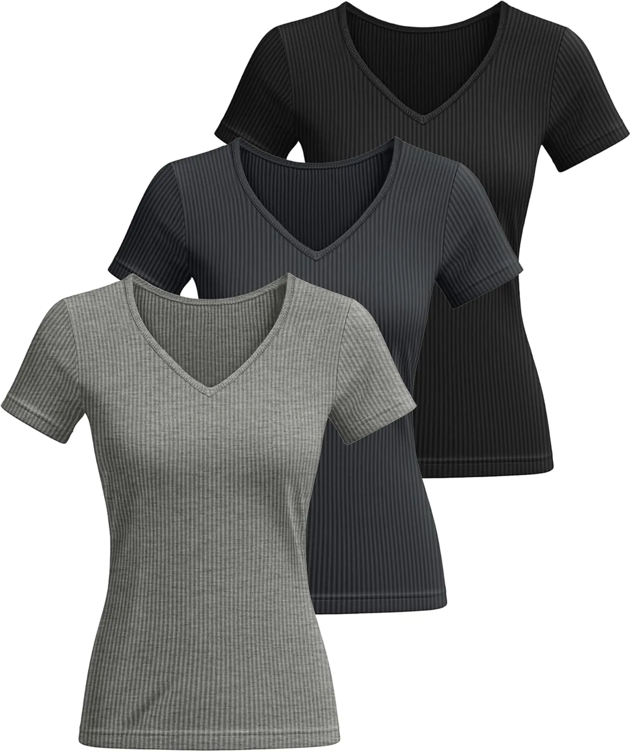 Ficerd 3 Pack Women's Short Sleeve Cotton T-Shirts V Neck Ribbed Slim Fit Tops Ladies' Casual Summer Basic Tee