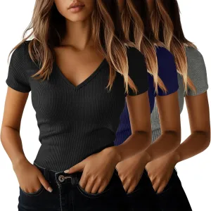 Ficerd 3 Pack Women's Short Sleeve Cotton T-Shirts V Neck Ribbed Slim Fit Tops Ladies' Casual Summer Basic Tee