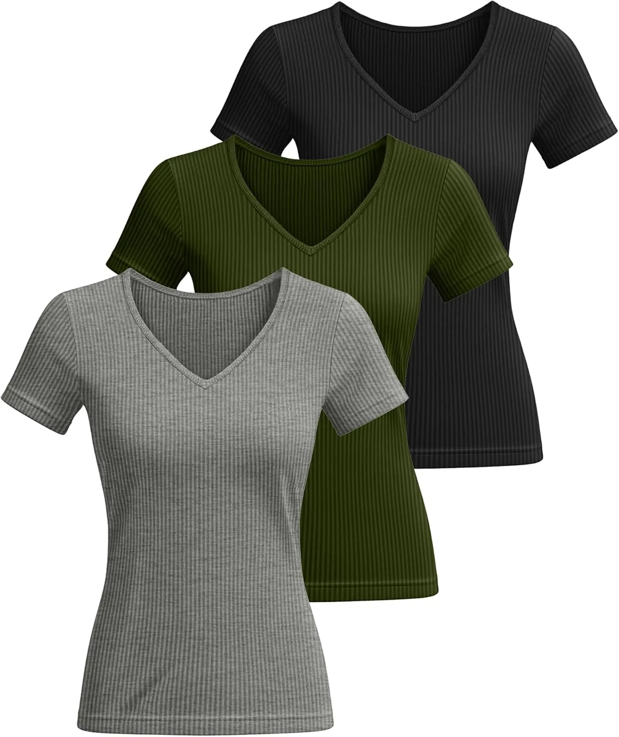 Ficerd 3 Pack Women's Short Sleeve Cotton T-Shirts V Neck Ribbed Slim Fit Tops Ladies' Casual Summer Basic Tee