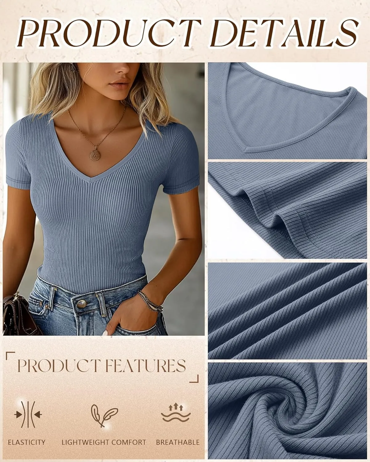 Ficerd 3 Pack Women's Short Sleeve Cotton T-Shirts V Neck Ribbed Slim Fit Tops Ladies' Casual Summer Basic Tee