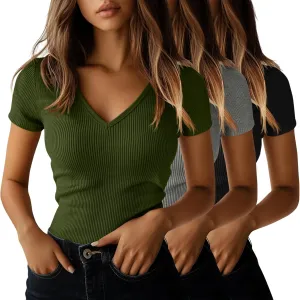 Ficerd 3 Pack Women's Short Sleeve Cotton T-Shirts V Neck Ribbed Slim Fit Tops Ladies' Casual Summer Basic Tee