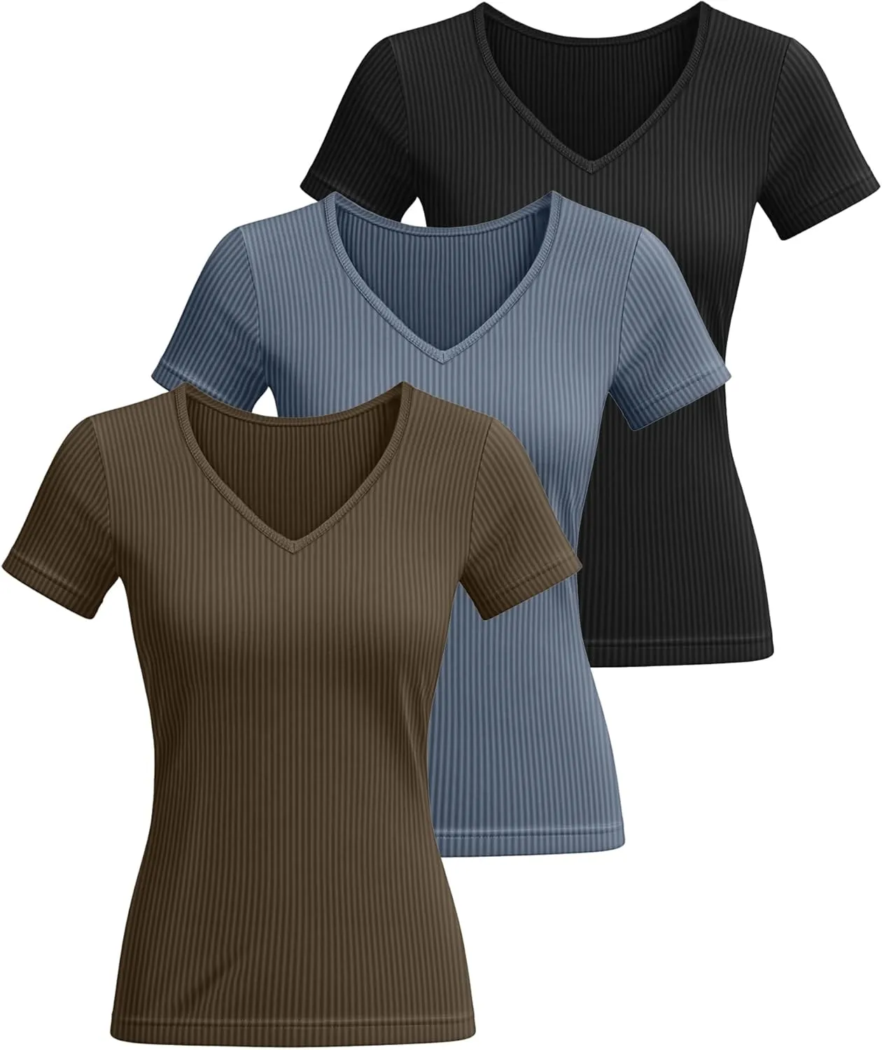 Ficerd 3 Pack Women's Short Sleeve Cotton T-Shirts V Neck Ribbed Slim Fit Tops Ladies' Casual Summer Basic Tee