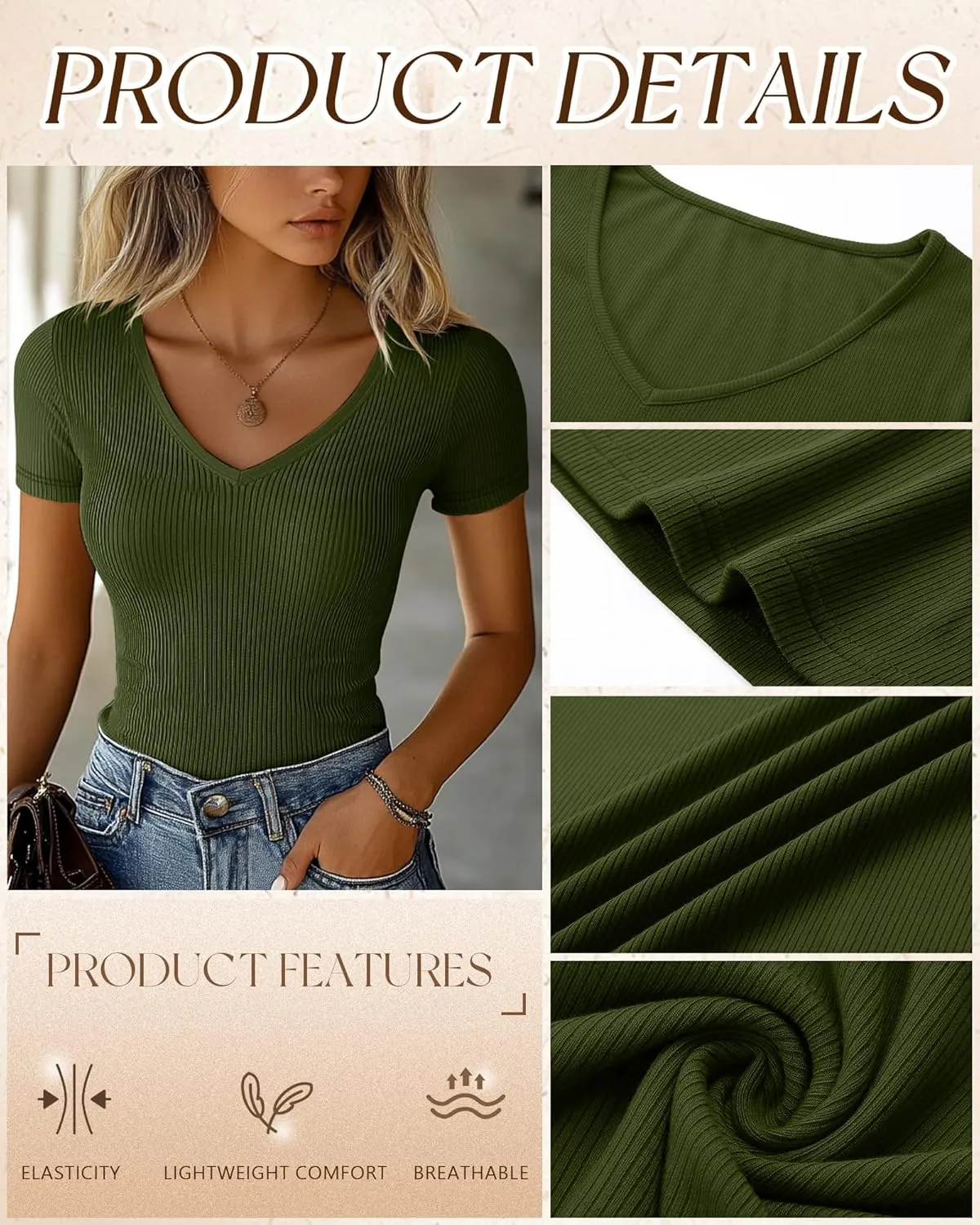 Ficerd 3 Pack Women's Short Sleeve Cotton T-Shirts V Neck Ribbed Slim Fit Tops Ladies' Casual Summer Basic Tee