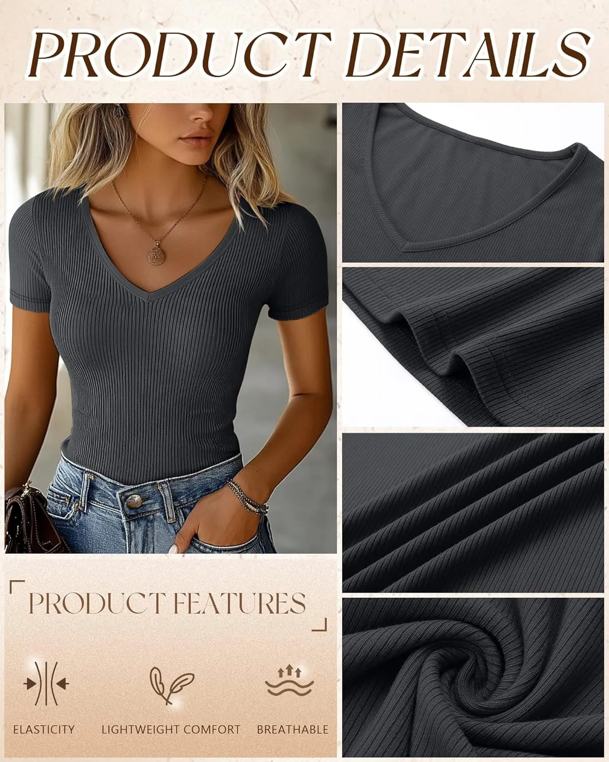 Ficerd 3 Pack Women's Short Sleeve Cotton T-Shirts V Neck Ribbed Slim Fit Tops Ladies' Casual Summer Basic Tee