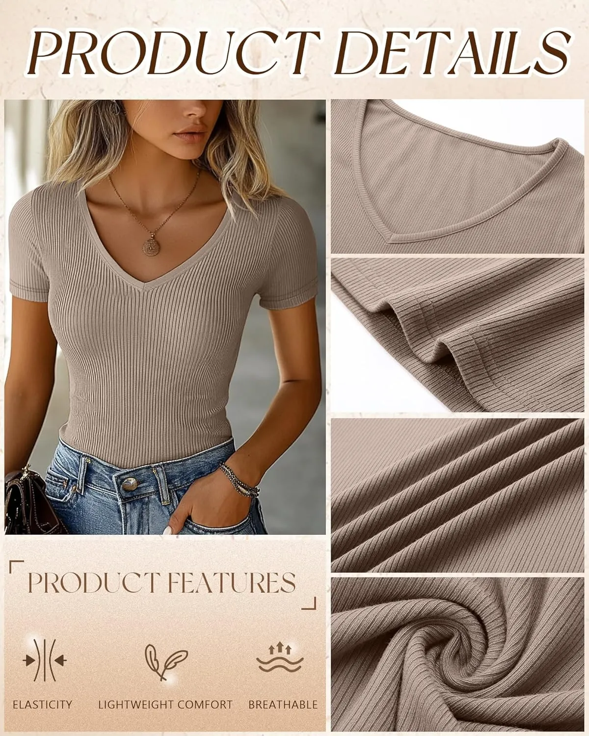 Ficerd 3 Pack Women's Short Sleeve Cotton T-Shirts V Neck Ribbed Slim Fit Tops Ladies' Casual Summer Basic Tee