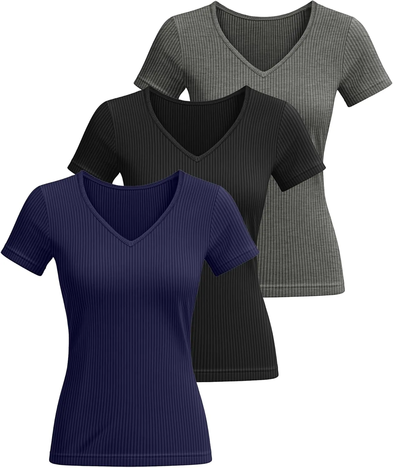 Ficerd 3 Pack Women's Short Sleeve Cotton T-Shirts V Neck Ribbed Slim Fit Tops Ladies' Casual Summer Basic Tee