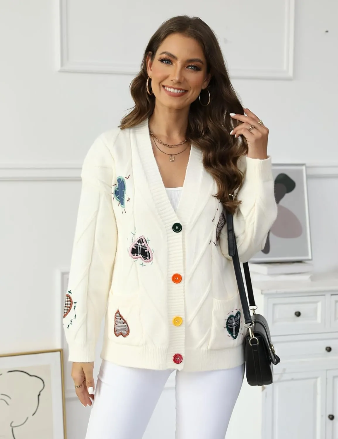 FindThy Women's Embroidered Heart Cardigan Sweater Button-Down Knitted Graphic Cardigan Coat Y2K Sweater with Pockets