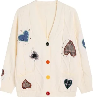 FindThy Women's Embroidered Heart Cardigan Sweater Button-Down Knitted Graphic Cardigan Coat Y2K Sweater with Pockets