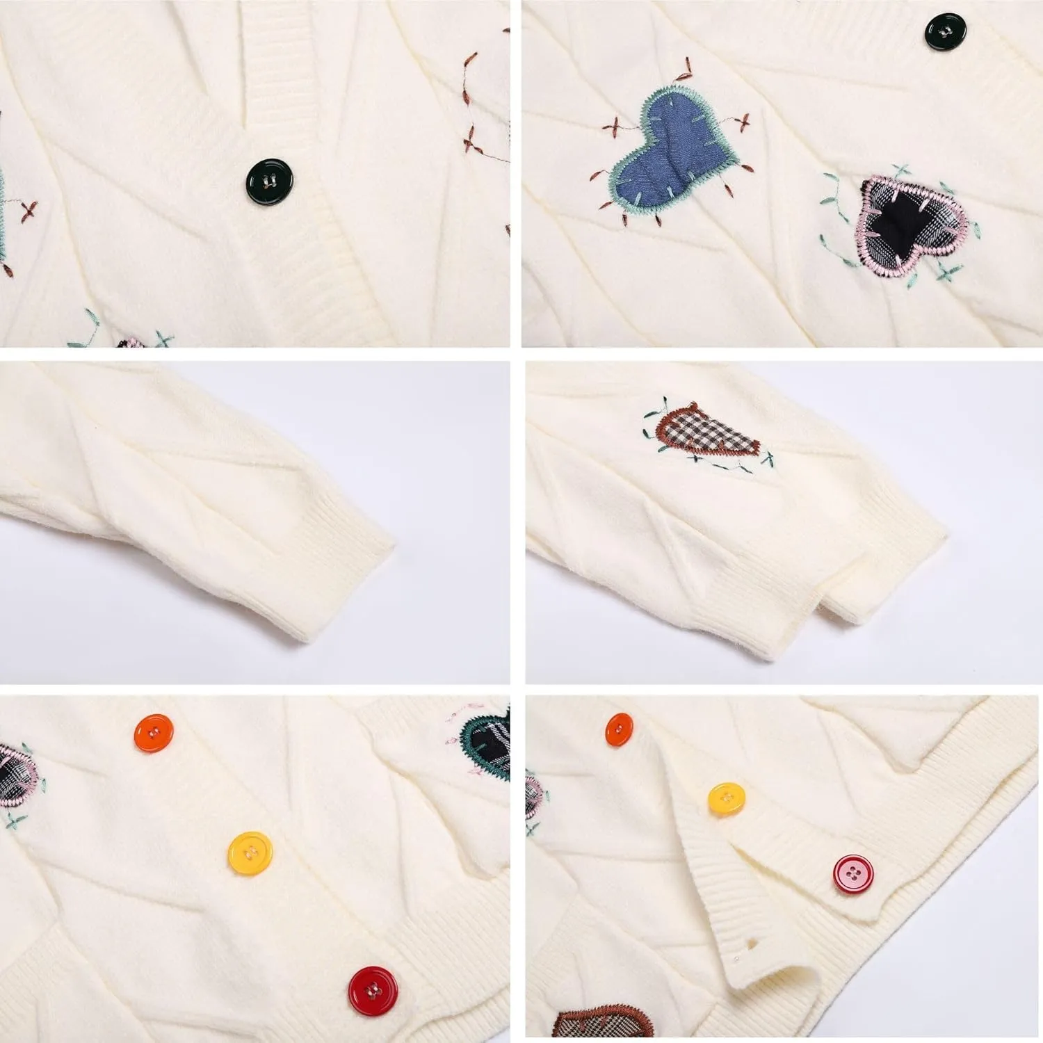 FindThy Women's Embroidered Heart Cardigan Sweater Button-Down Knitted Graphic Cardigan Coat Y2K Sweater with Pockets