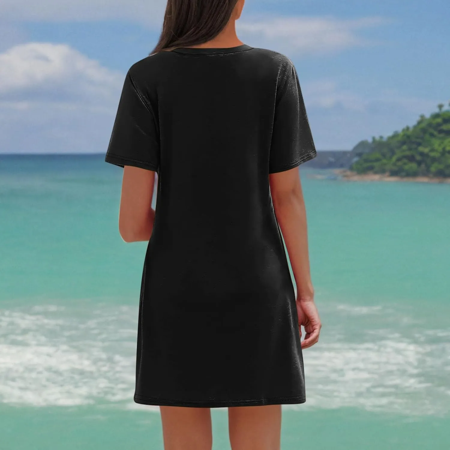Finelylove Beach Dresses for Women 2025 Casual Short Sleeve V Neck Loose Cover Up Mini Dress 2025 Summer Vacation Outfits
