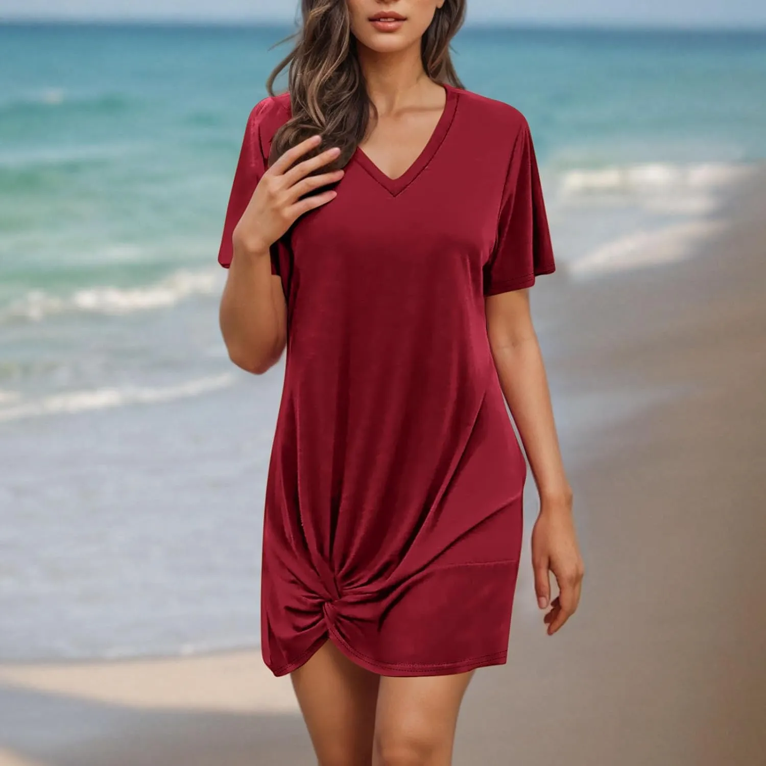 Finelylove Beach Dresses for Women 2025 Casual Short Sleeve V Neck Loose Cover Up Mini Dress 2025 Summer Vacation Outfits