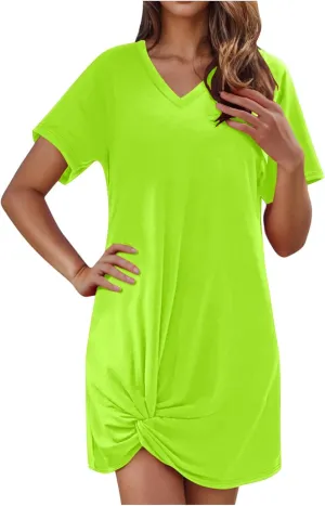 Finelylove Beach Dresses for Women 2025 Casual Short Sleeve V Neck Loose Cover Up Mini Dress 2025 Summer Vacation Outfits