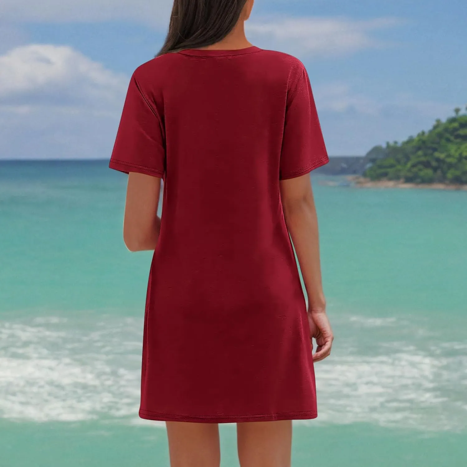 Finelylove Beach Dresses for Women 2025 Casual Short Sleeve V Neck Loose Cover Up Mini Dress 2025 Summer Vacation Outfits