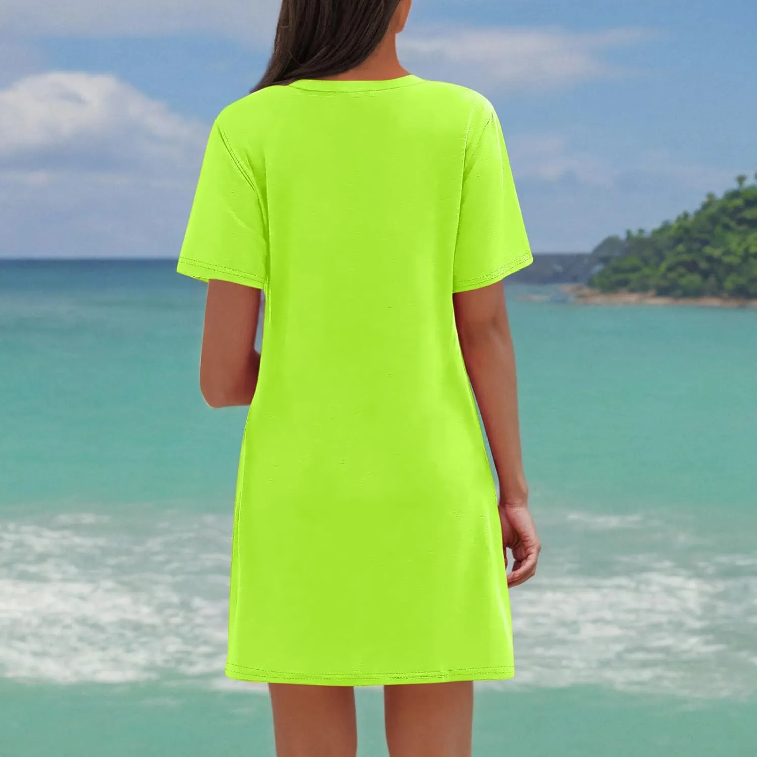 Finelylove Beach Dresses for Women 2025 Casual Short Sleeve V Neck Loose Cover Up Mini Dress 2025 Summer Vacation Outfits