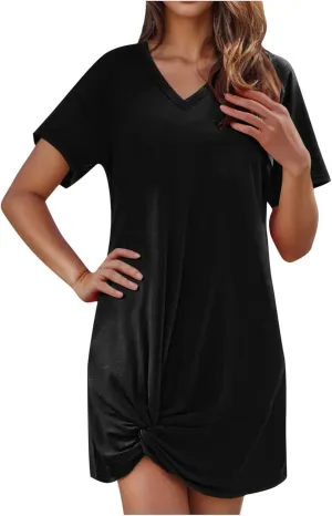 Finelylove Beach Dresses for Women 2025 Casual Short Sleeve V Neck Loose Cover Up Mini Dress 2025 Summer Vacation Outfits