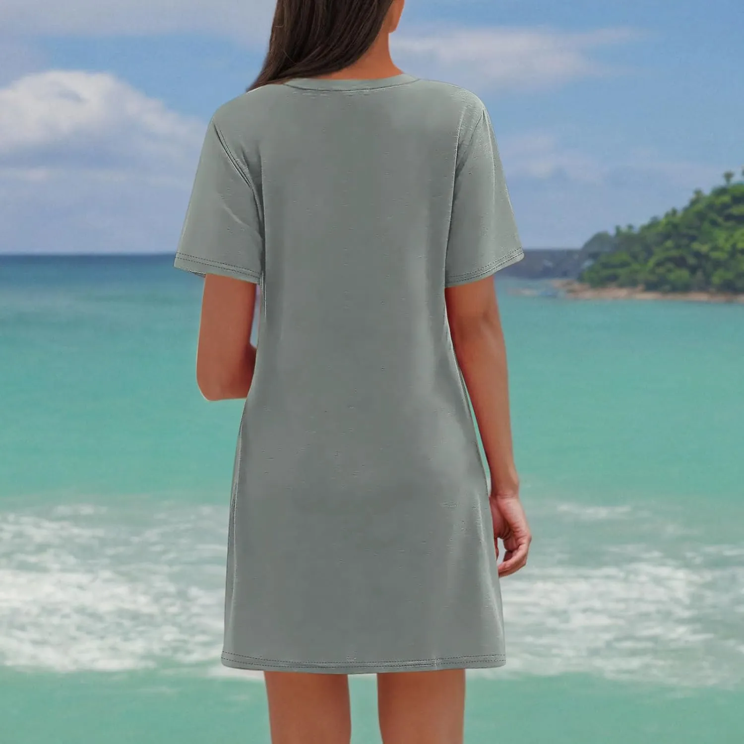 Finelylove Beach Dresses for Women 2025 Casual Short Sleeve V Neck Loose Cover Up Mini Dress 2025 Summer Vacation Outfits