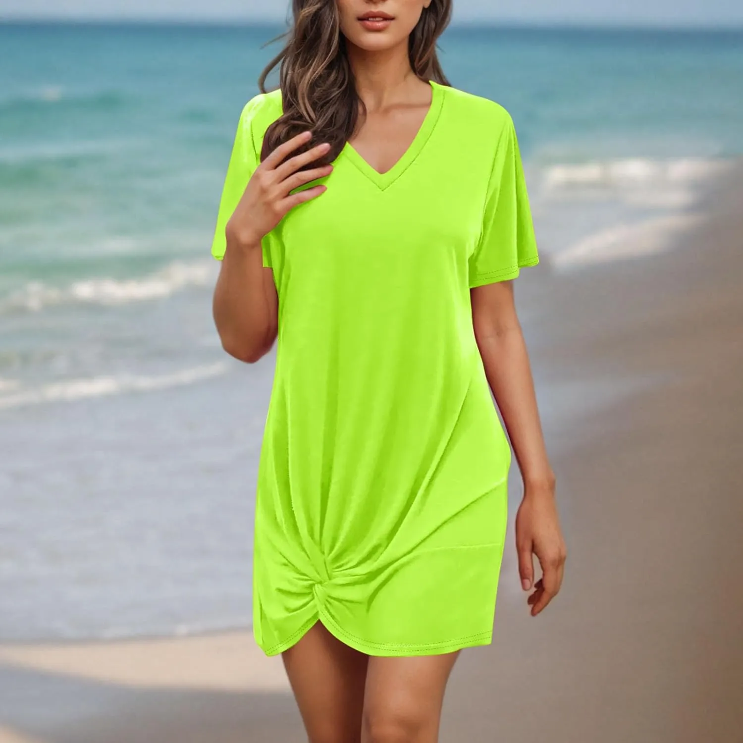 Finelylove Beach Dresses for Women 2025 Casual Short Sleeve V Neck Loose Cover Up Mini Dress 2025 Summer Vacation Outfits