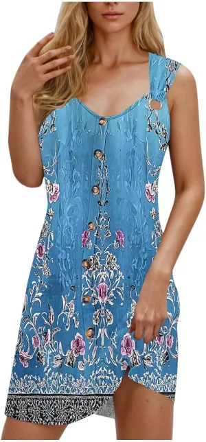 Finelylove Boho Dresses for Women 2025 O Ring Shoulder Sleeveless Summer Sundress Cover Up Mini Dress Beach Vacation Outfits