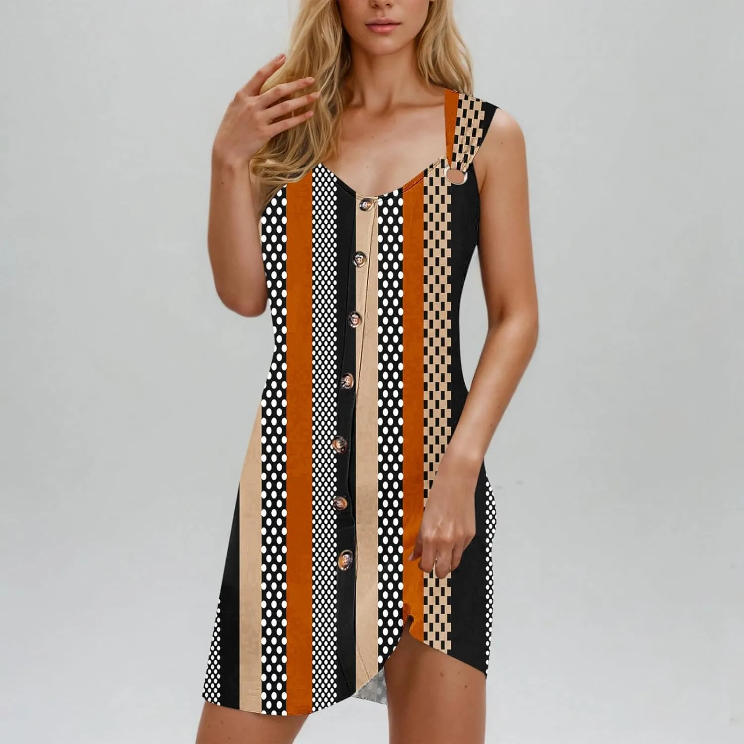 Finelylove Boho Dresses for Women 2025 O Ring Shoulder Sleeveless Summer Sundress Cover Up Mini Dress Beach Vacation Outfits