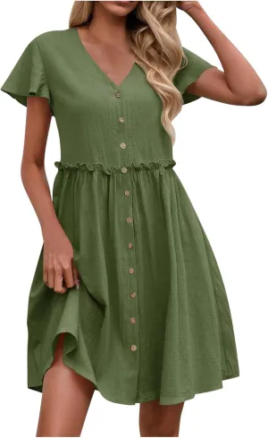 Finelylove Spring Summer Dresses Casual Button Down Shirt Dress Loose A Line Flowy Ruffle Shift Mini Dresses Beach Vacation