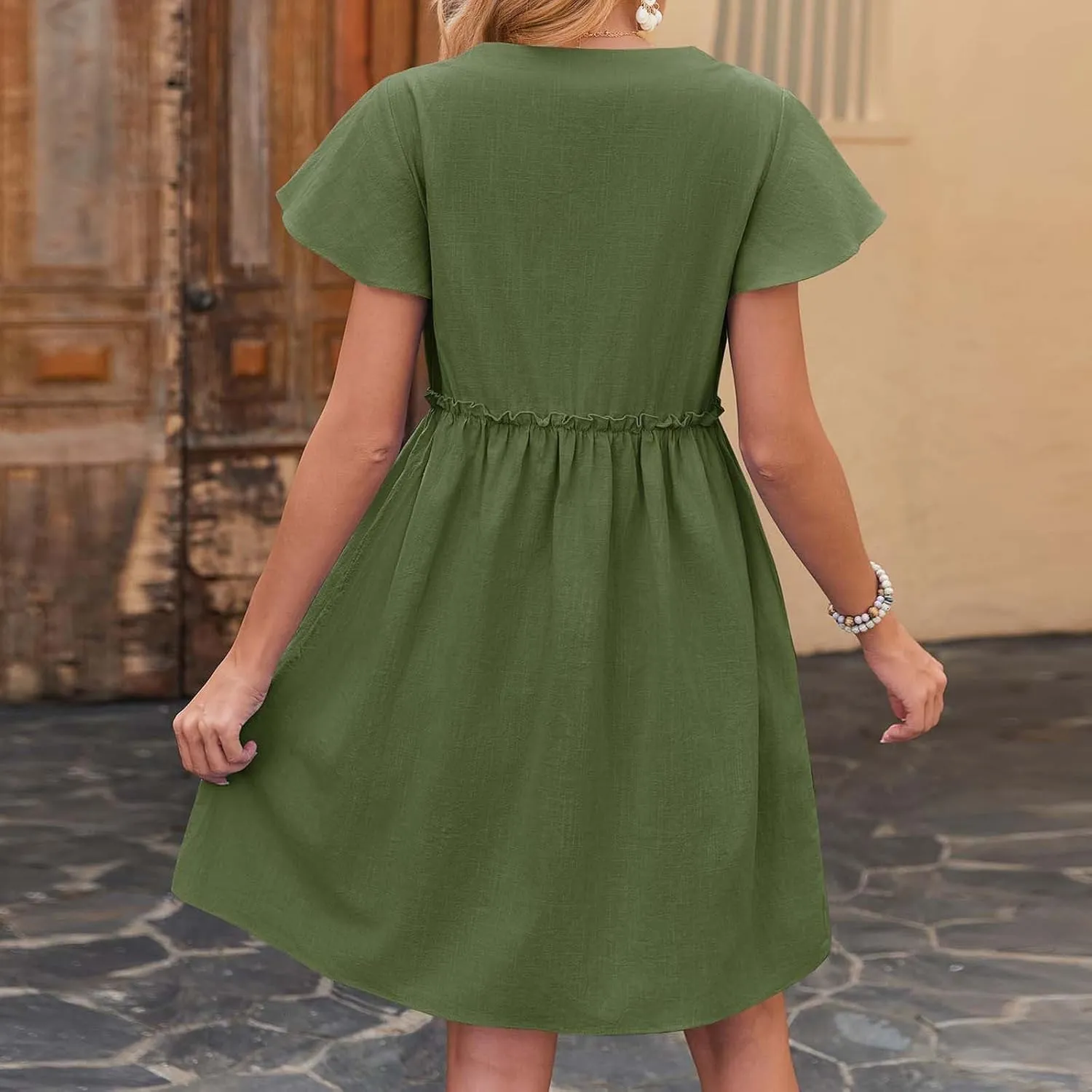 Finelylove Spring Summer Dresses Casual Button Down Shirt Dress Loose A Line Flowy Ruffle Shift Mini Dresses Beach Vacation