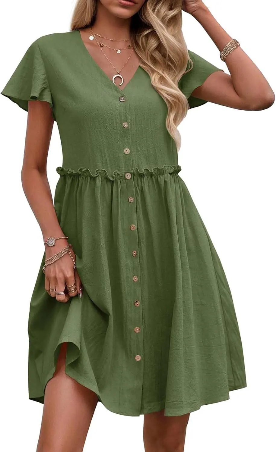 Finelylove Spring Summer Dresses Casual Button Down Shirt Dress Loose A Line Flowy Ruffle Shift Mini Dresses Beach Vacation