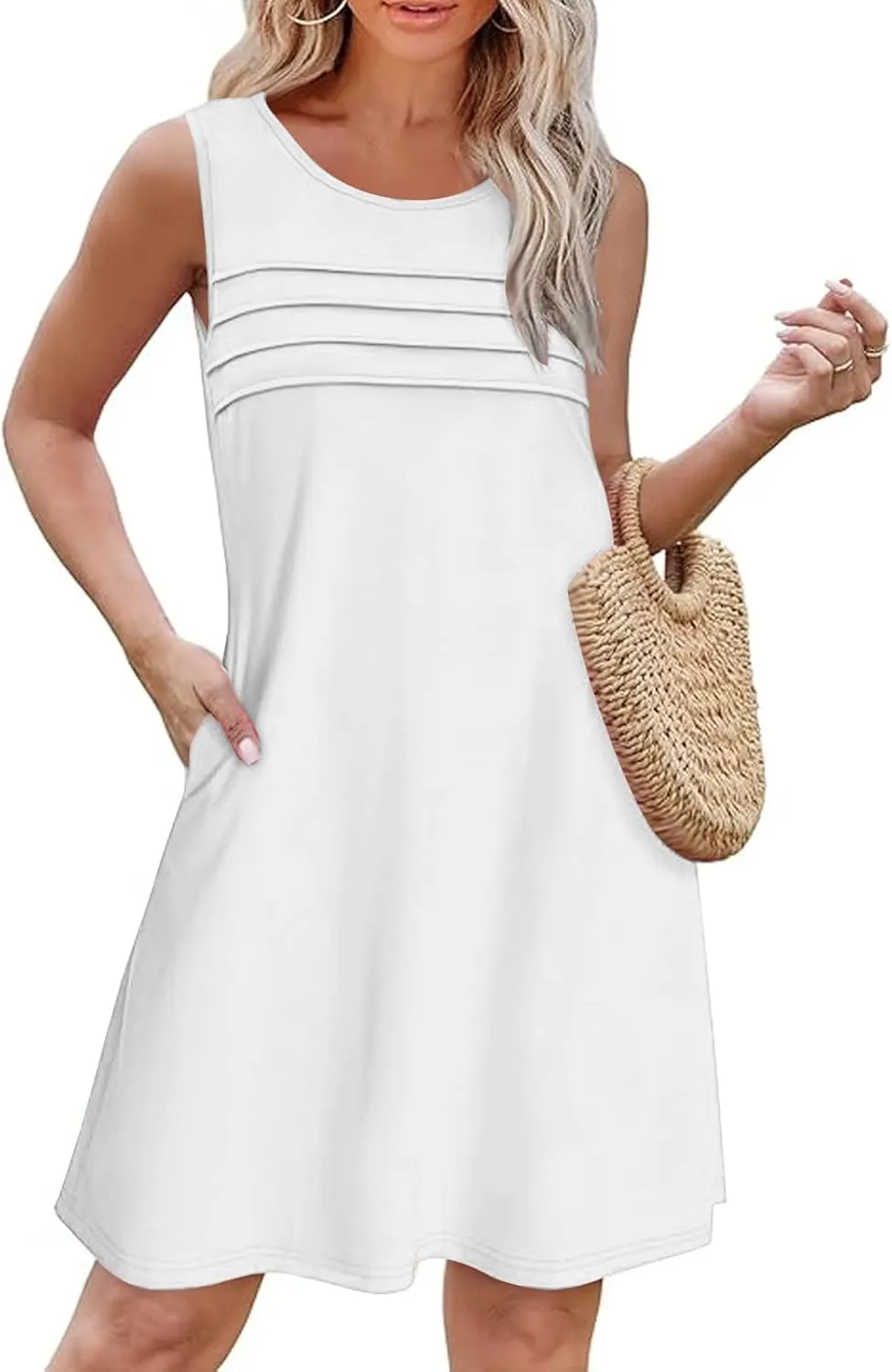 Finelylove Summer Dresses for Women 2025 Short Sleeve Spring Mini Dress Pleated A Line Beach Sundress Vacation Outfits