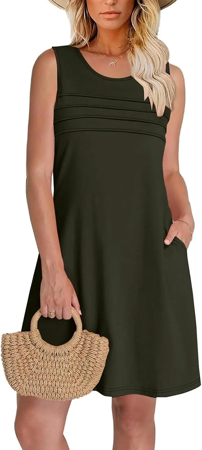 Finelylove Summer Dresses for Women 2025 Short Sleeve Spring Mini Dress Pleated A Line Beach Sundress Vacation Outfits