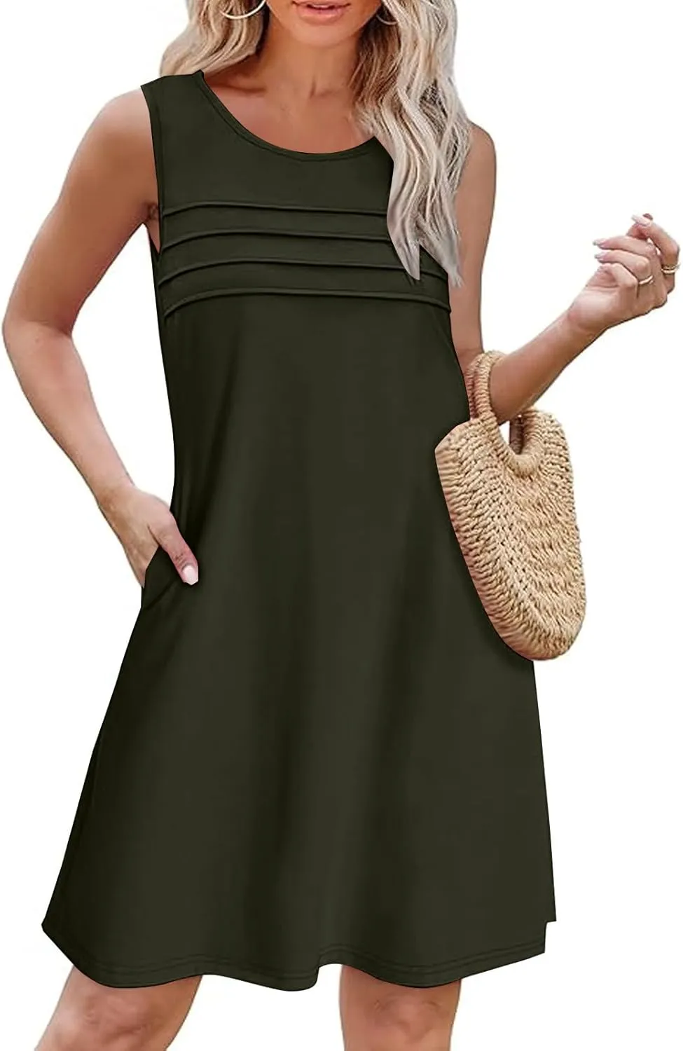Finelylove Summer Dresses for Women 2025 Short Sleeve Spring Mini Dress Pleated A Line Beach Sundress Vacation Outfits