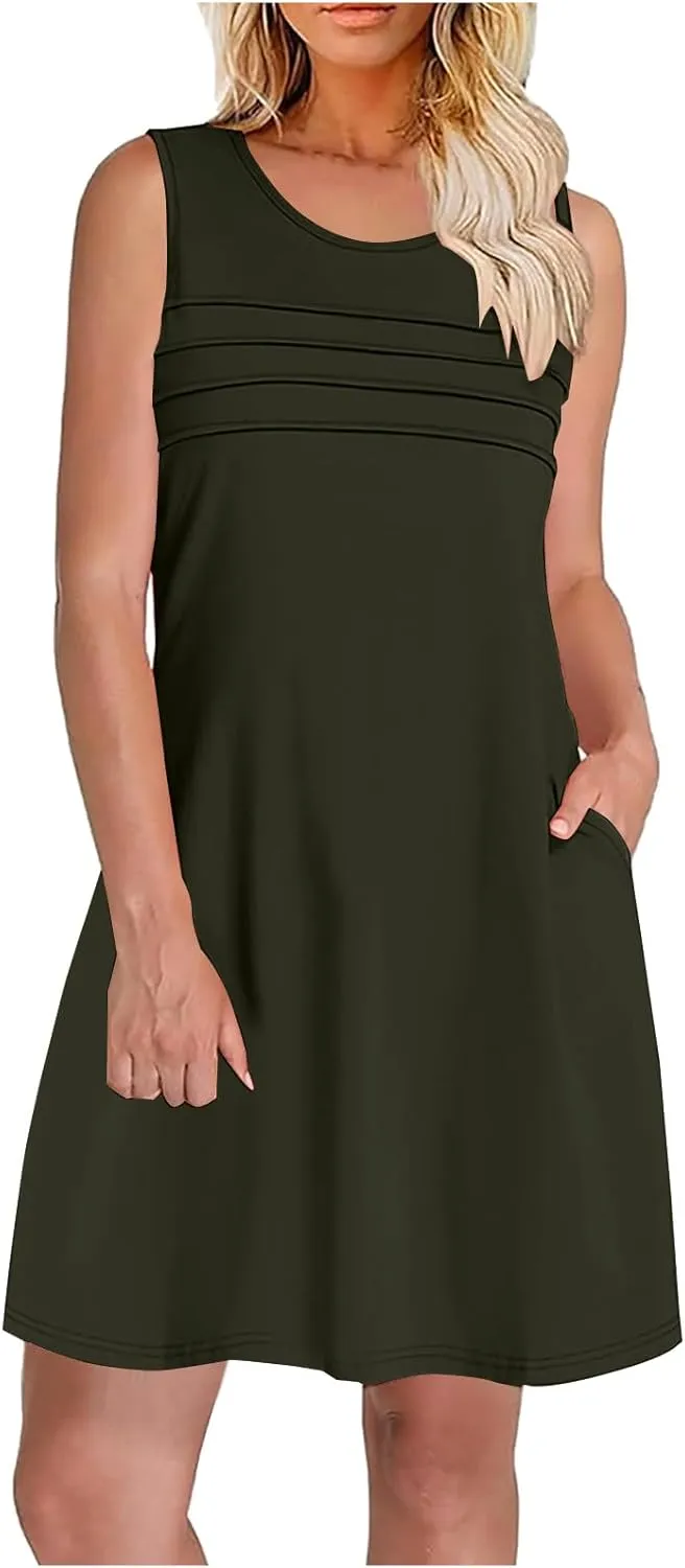 Finelylove Summer Dresses for Women 2025 Short Sleeve Spring Mini Dress Pleated A Line Beach Sundress Vacation Outfits