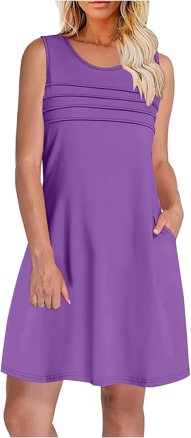 Finelylove Summer Dresses for Women 2025 Short Sleeve Spring Mini Dress Pleated A Line Beach Sundress Vacation Outfits