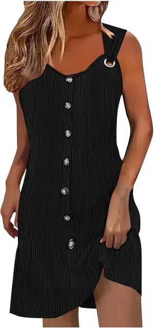 Finelylove Summer Spring Dresses for Women 2025 O Ring Shoulder Sleeveless Sundress Button A Line Mini Dress Beach Clothes