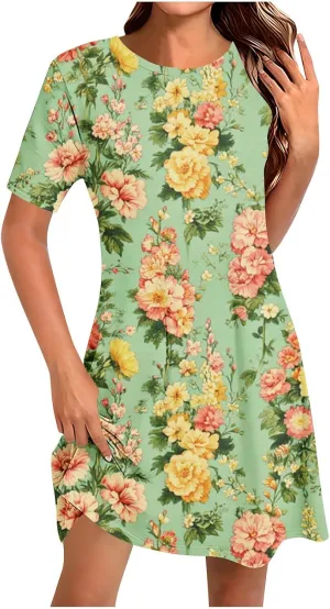 Finelylove Sundresses for Women 2025 Short Sleeve Mini Dress Summer Hawaiian Floral Beach Vacation Dresses Boho Outfits