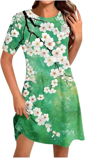 Finelylove Sundresses for Women 2025 Short Sleeve Mini Dress Summer Hawaiian Floral Beach Vacation Dresses Boho Outfits