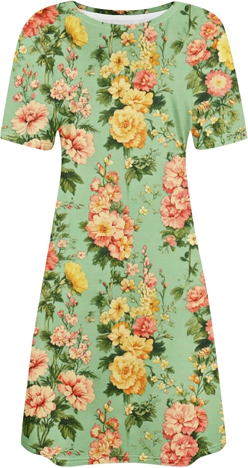 Finelylove Sundresses for Women 2025 Short Sleeve Mini Dress Summer Hawaiian Floral Beach Vacation Dresses Boho Outfits