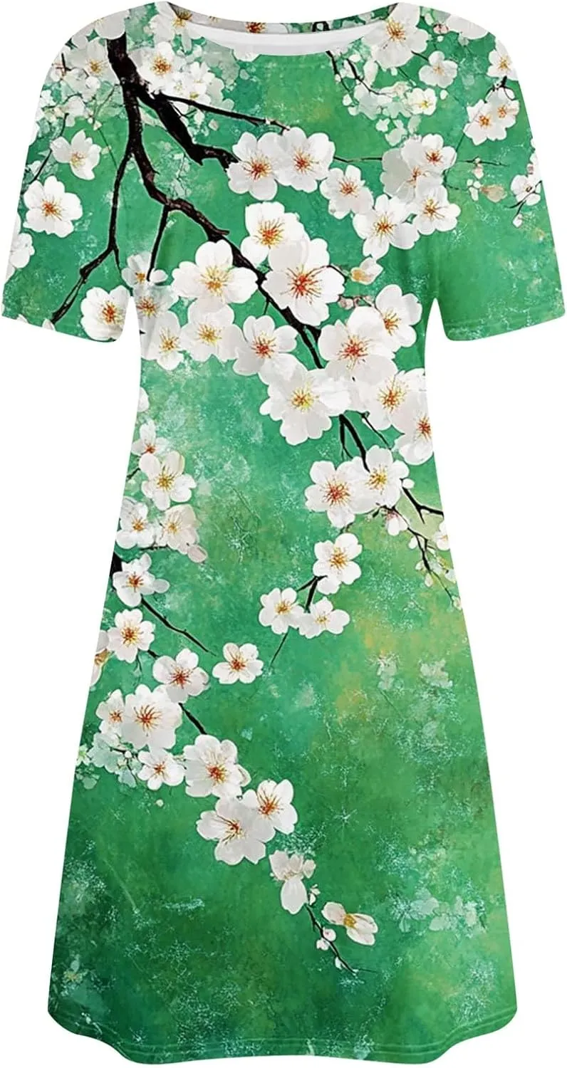 Finelylove Sundresses for Women 2025 Short Sleeve Mini Dress Summer Hawaiian Floral Beach Vacation Dresses Boho Outfits
