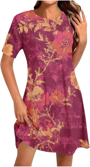 Finelylove Sundresses for Women 2025 Short Sleeve Mini Dress Summer Hawaiian Floral Beach Vacation Dresses Boho Outfits