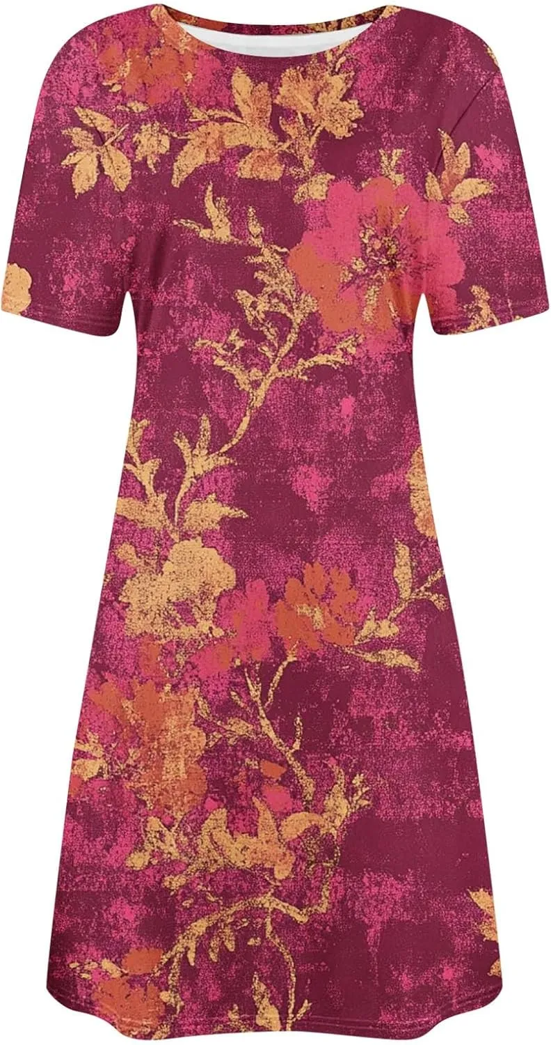 Finelylove Sundresses for Women 2025 Short Sleeve Mini Dress Summer Hawaiian Floral Beach Vacation Dresses Boho Outfits