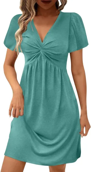 Finelylove Women's Casual Summer Dresses Short Sleeve V Neck Ruched Mini Dress A Line Flowy Boho Beach Vacation Sundresses